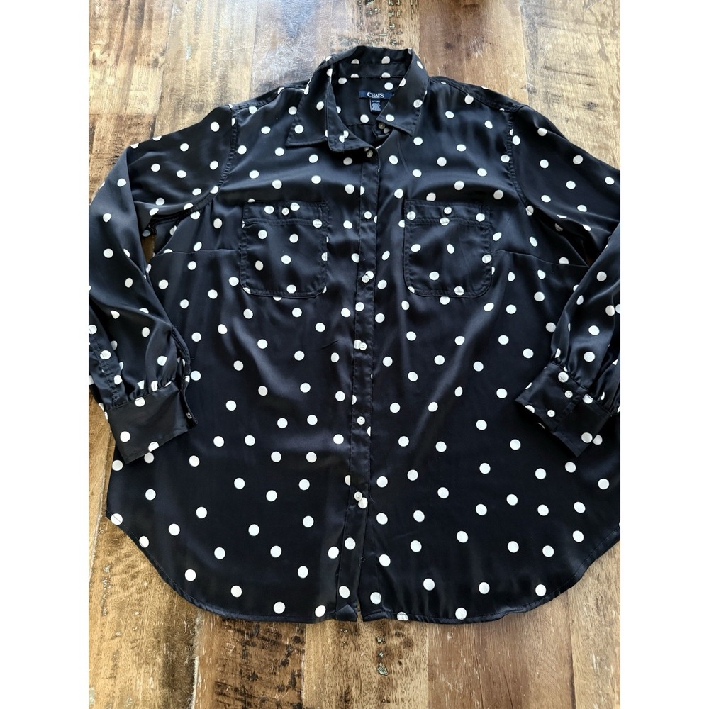 Chaps Black White Polka Dot Satin Button Down Long Tunic Blouse Women 3X Plus